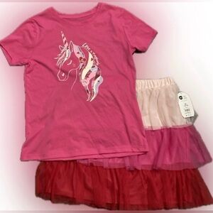 Pink Unicorn T-Shirt and Layered Tulle Skirt Set Girls Size XL 14/16.